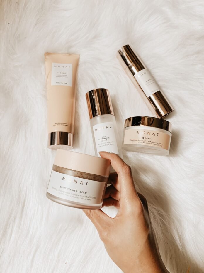 UK skincare routine products arranged in application order